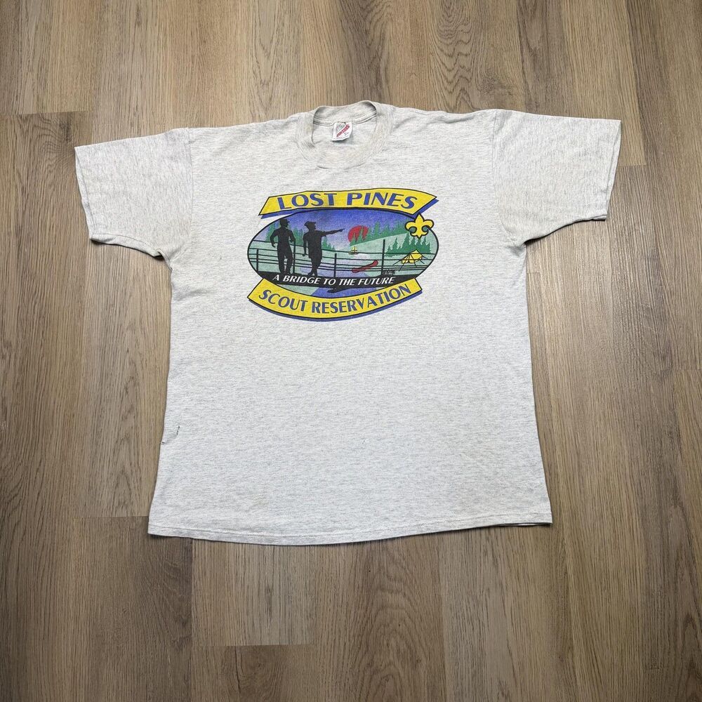 Vintage Lost Pines Scout Reservation Shirt Mens XL Gray Boy Scouts Camping 90s